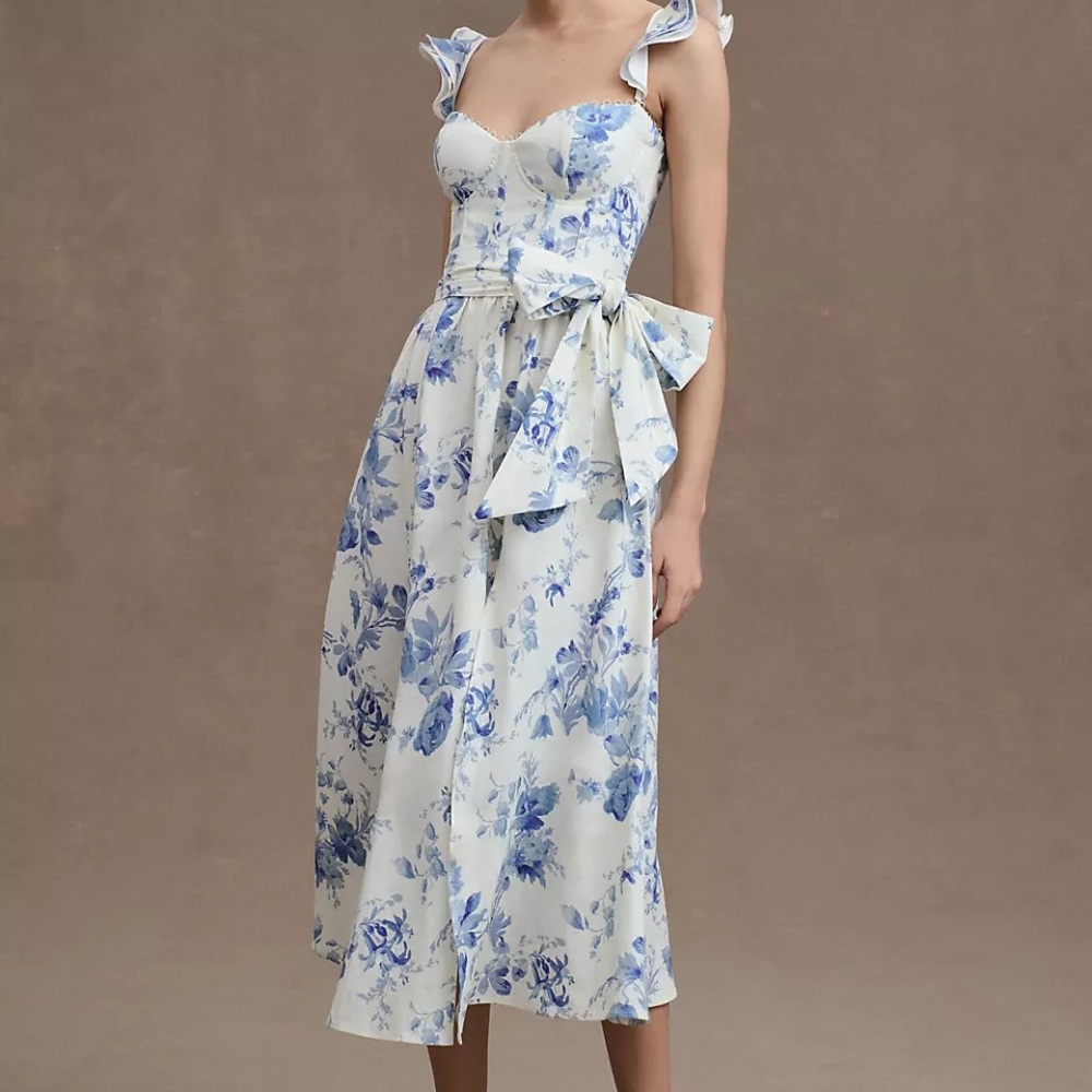 V. Chapman Vera Ruffle Strap Corset Side-Slit Midi Dress